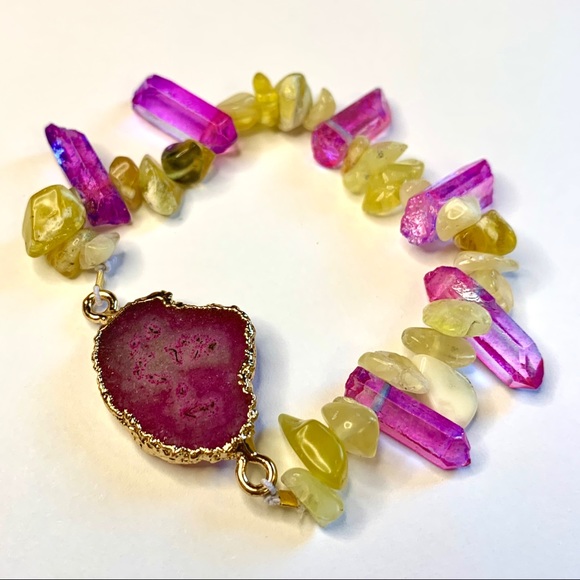 Pink Solar Quartz Beaded Stretch Bracelet with Crystals and - Picture 2 of 3